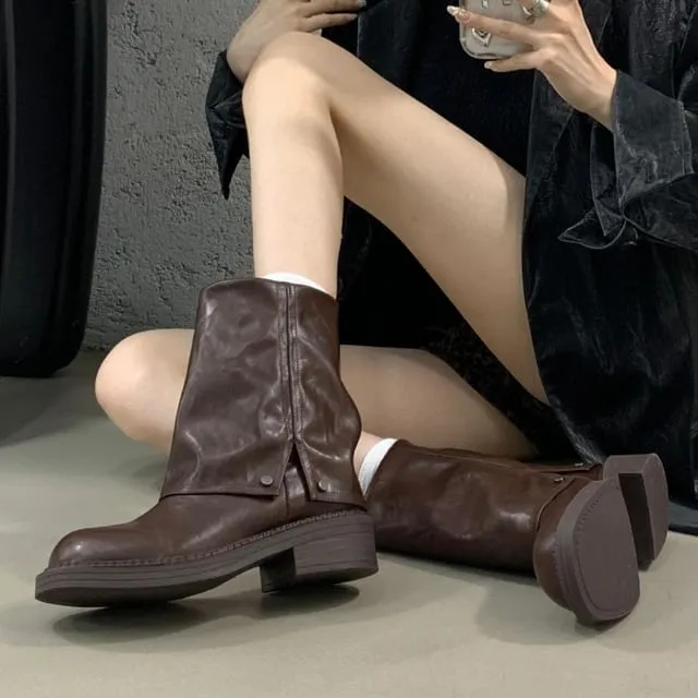 Block Heel Plain Mid-Calf Boots