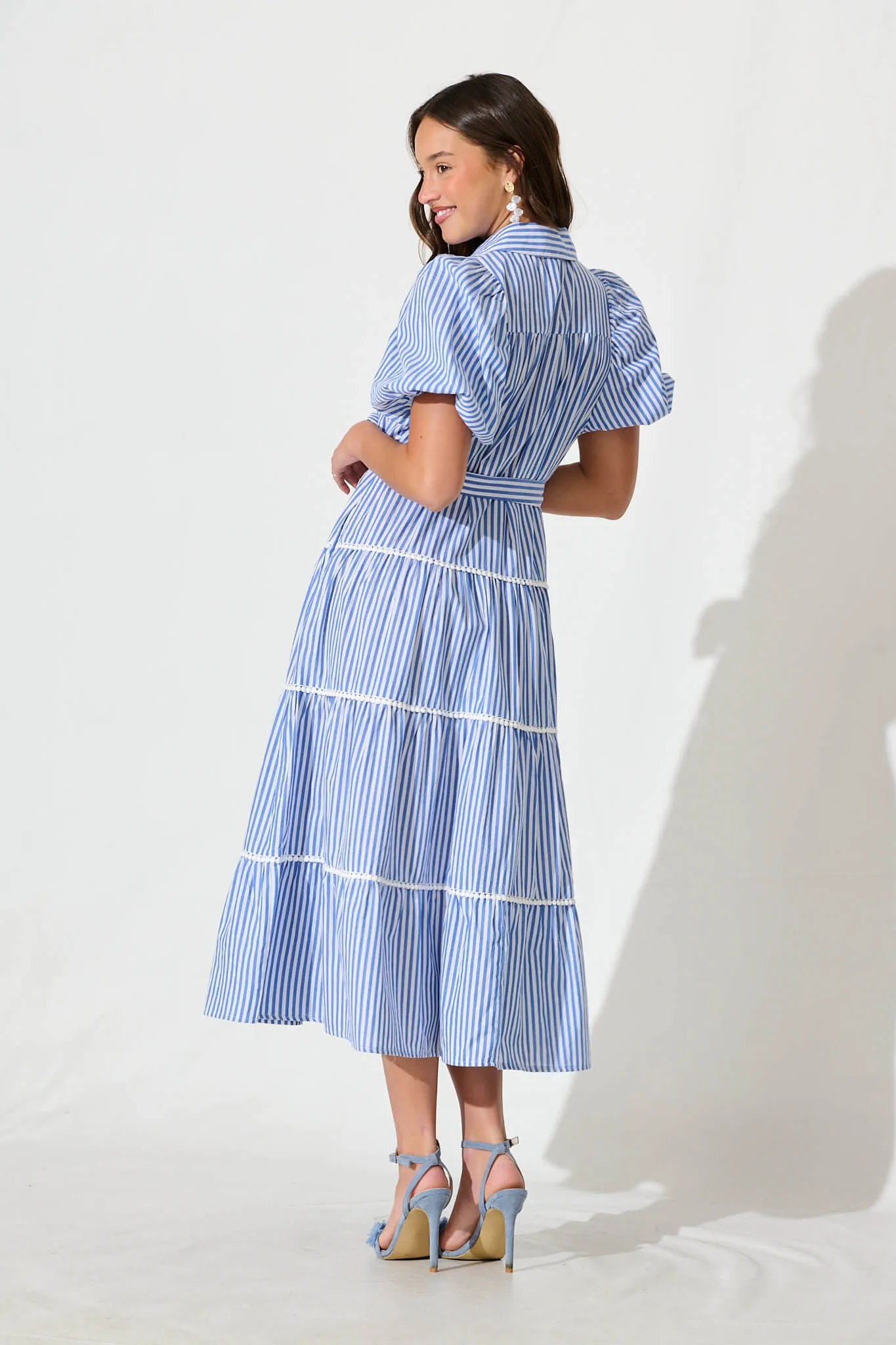Blue Striped Cotton Midi Shirt Dress