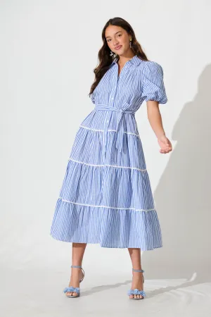 Blue Striped Cotton Midi Shirt Dress