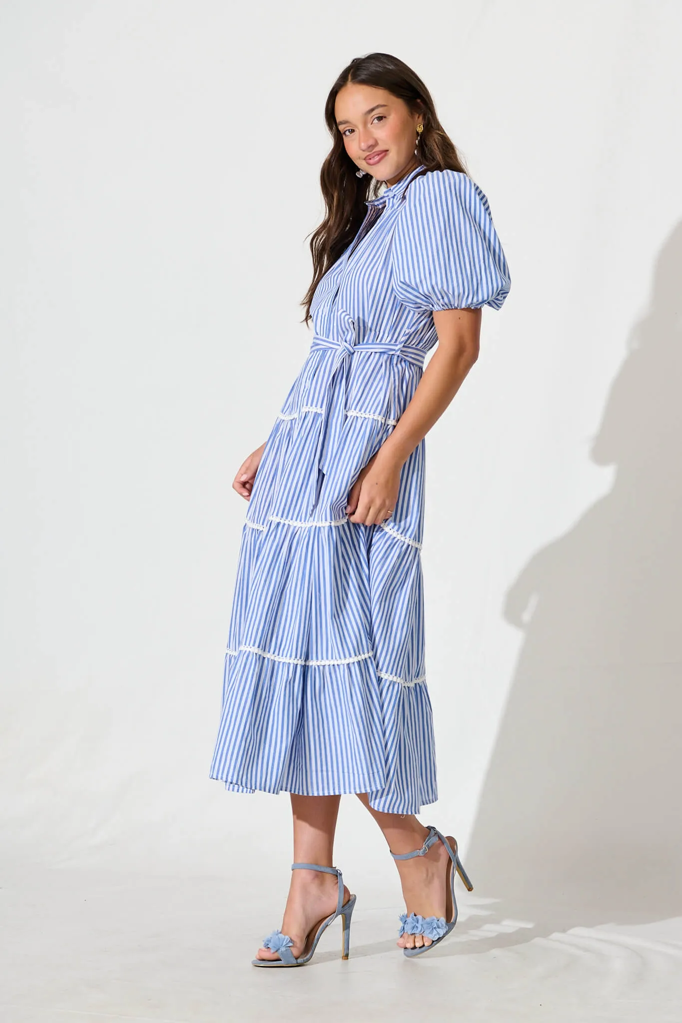 Blue Striped Cotton Midi Shirt Dress