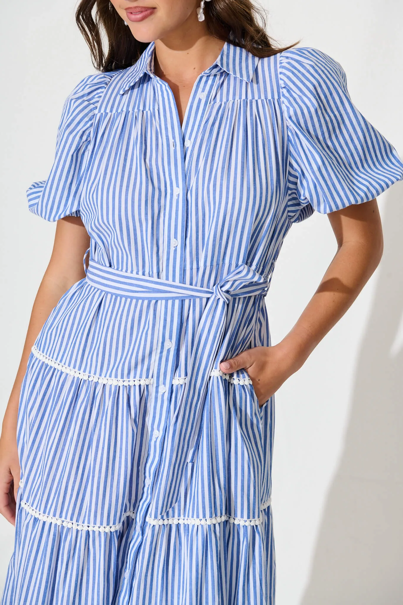 Blue Striped Cotton Midi Shirt Dress
