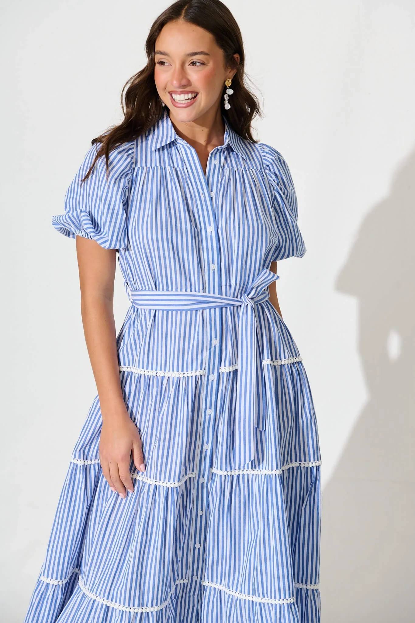 Blue Striped Cotton Midi Shirt Dress
