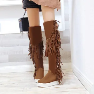 Flat Fringe Suede Knee High Boots