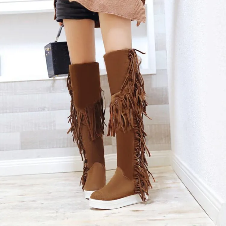 Flat Fringe Suede Knee High Boots