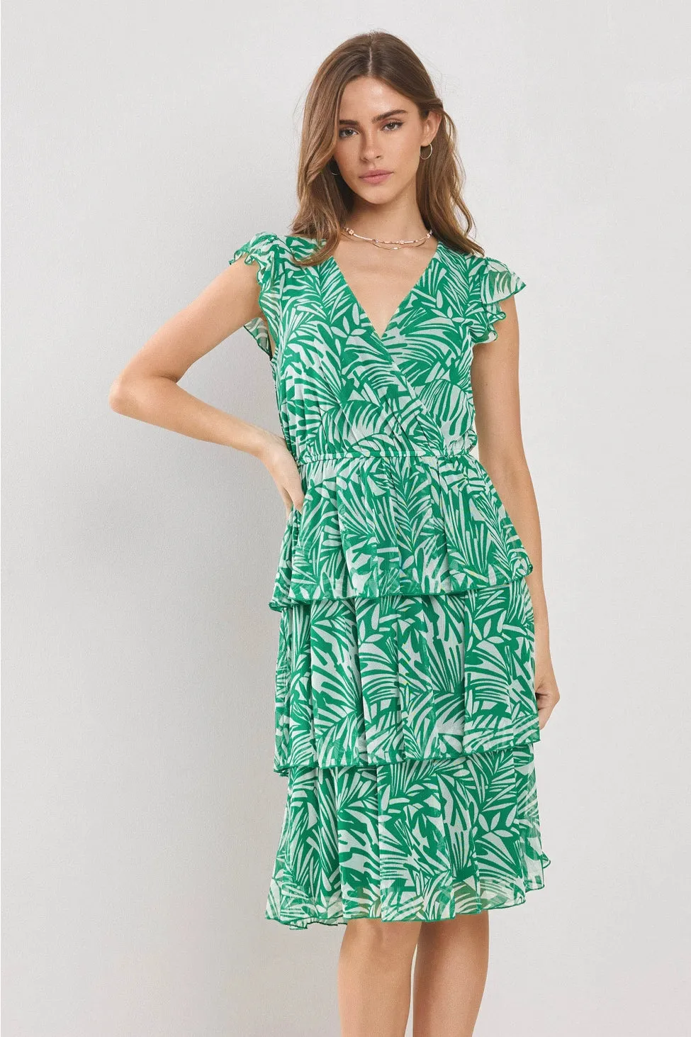 Flouncy Tiered Ruffle Dress Mesh Airy Layers Tropical Green