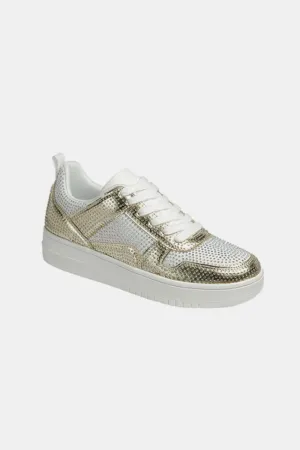 Forever Link Rhinestone Bedazzled Gold & White Low Top Platform Flat Sneakers