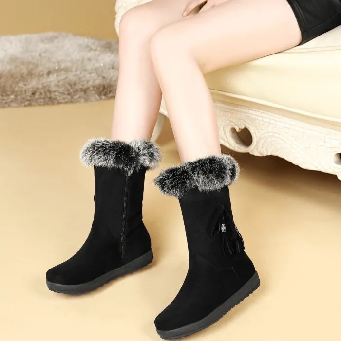Fur Flat Round Toe Zipper Suede Calf Boots