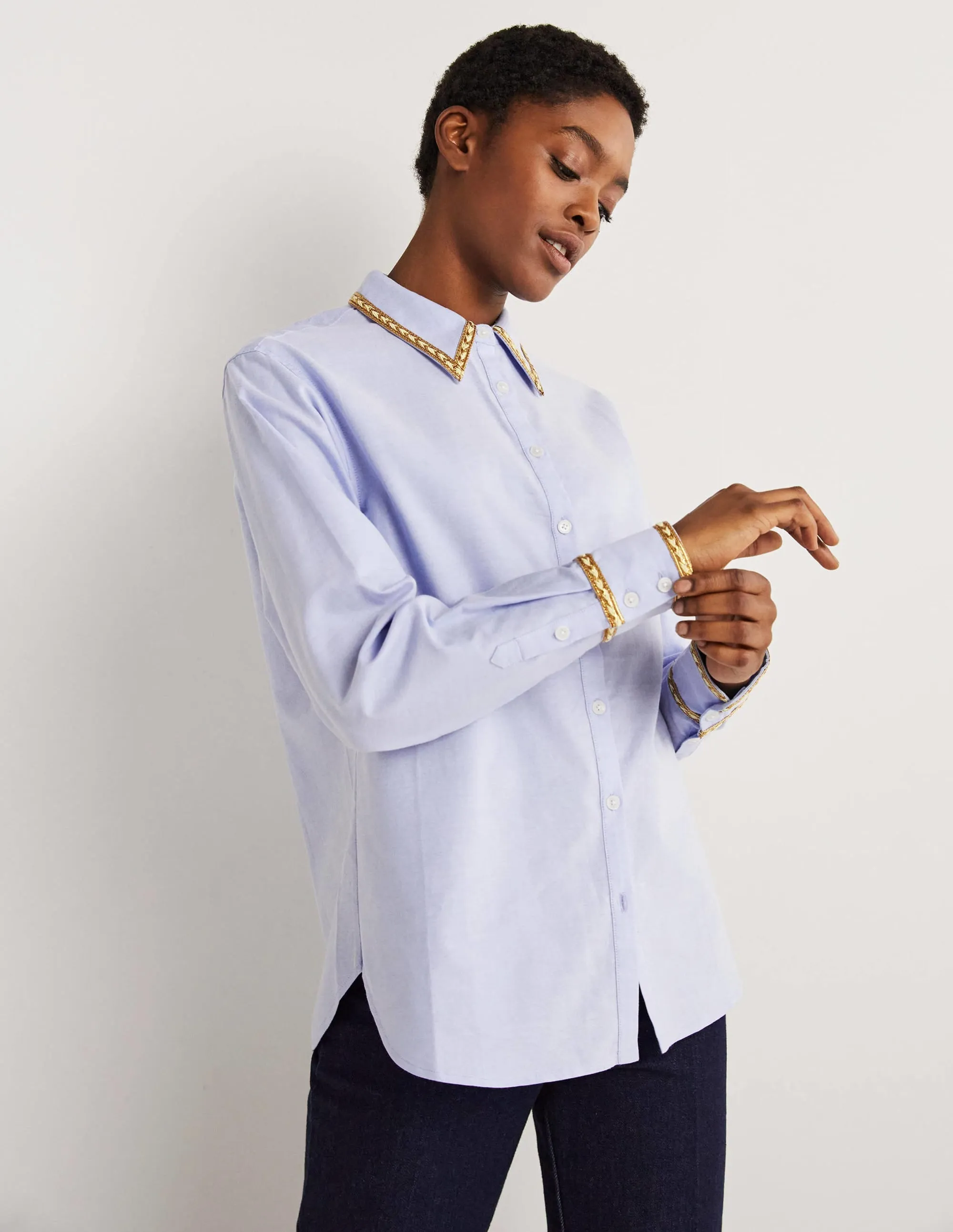 Gold Trim Relaxed Shirt-Chambray, Metallic