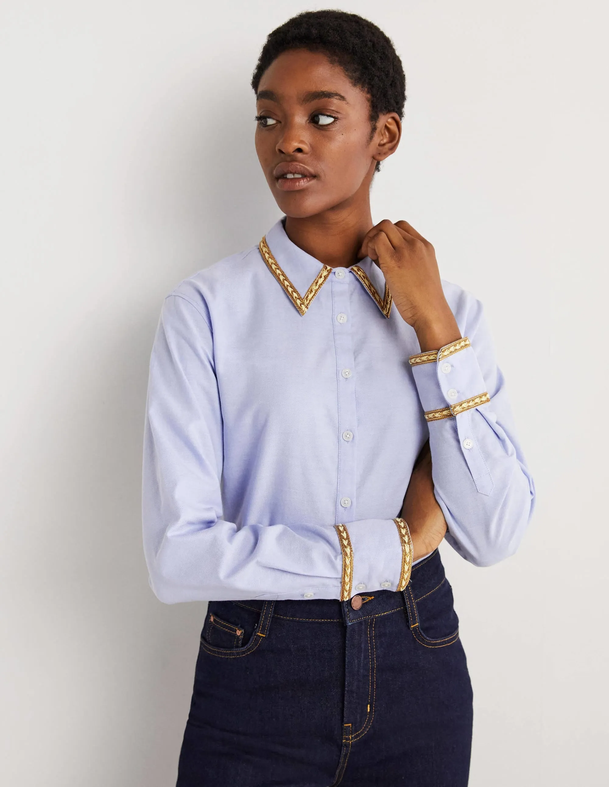 Gold Trim Relaxed Shirt-Chambray, Metallic