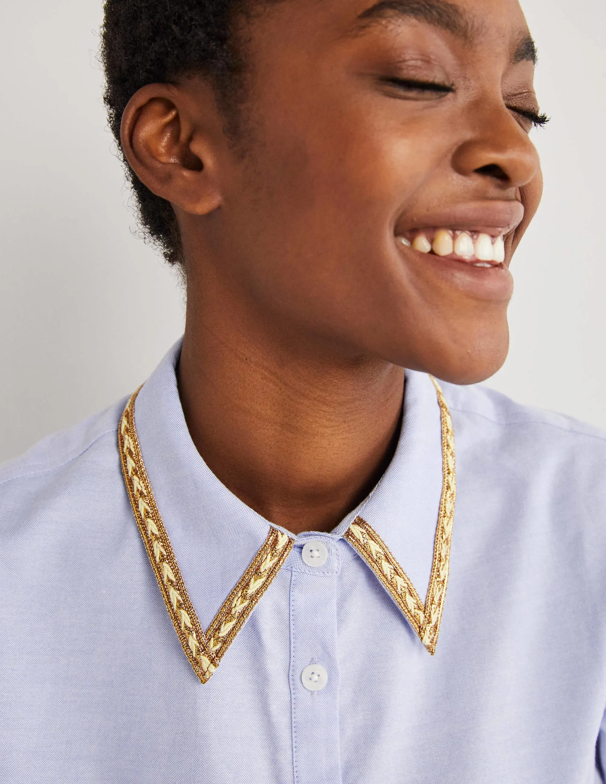 Gold Trim Relaxed Shirt-Chambray, Metallic