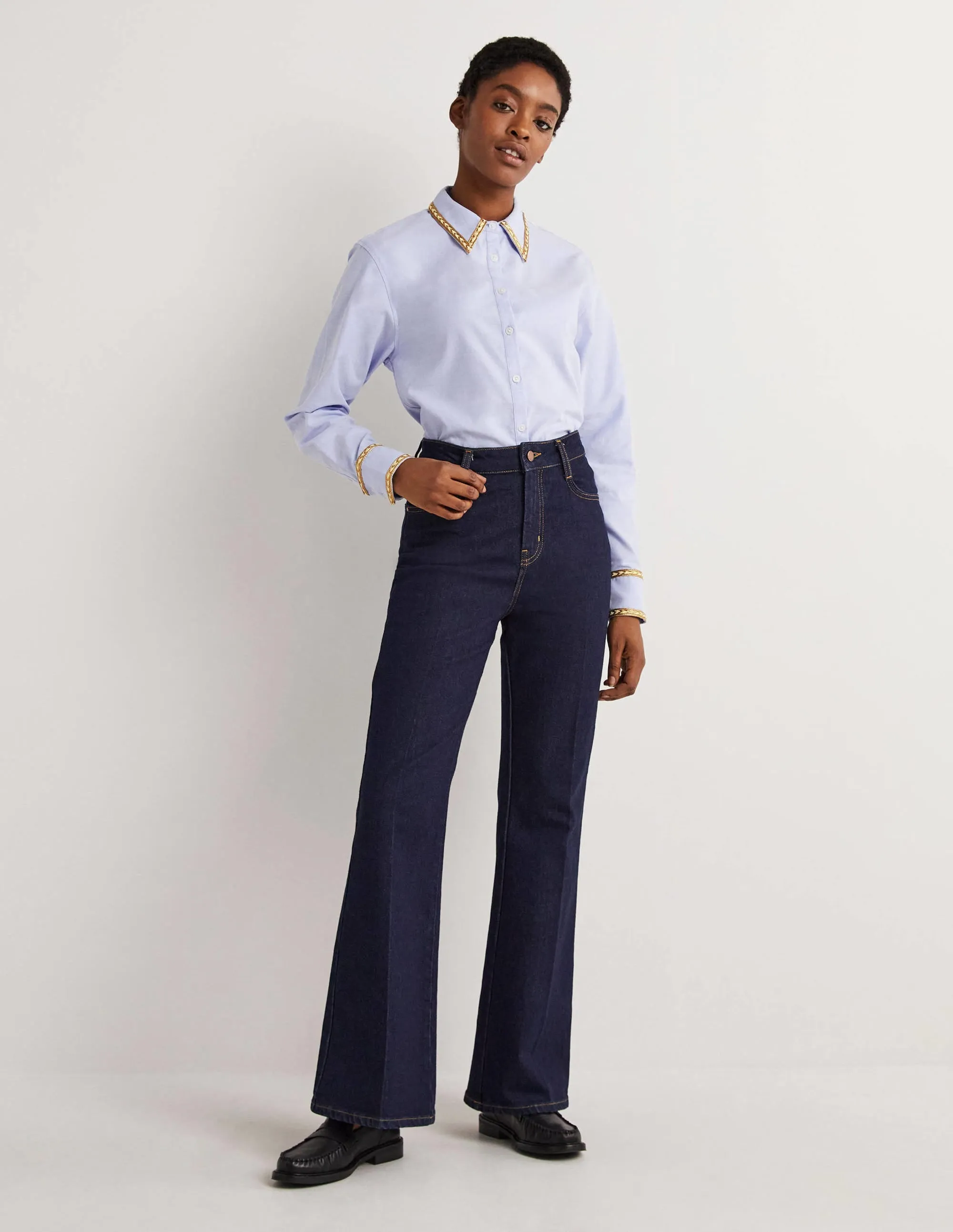 Gold Trim Relaxed Shirt-Chambray, Metallic