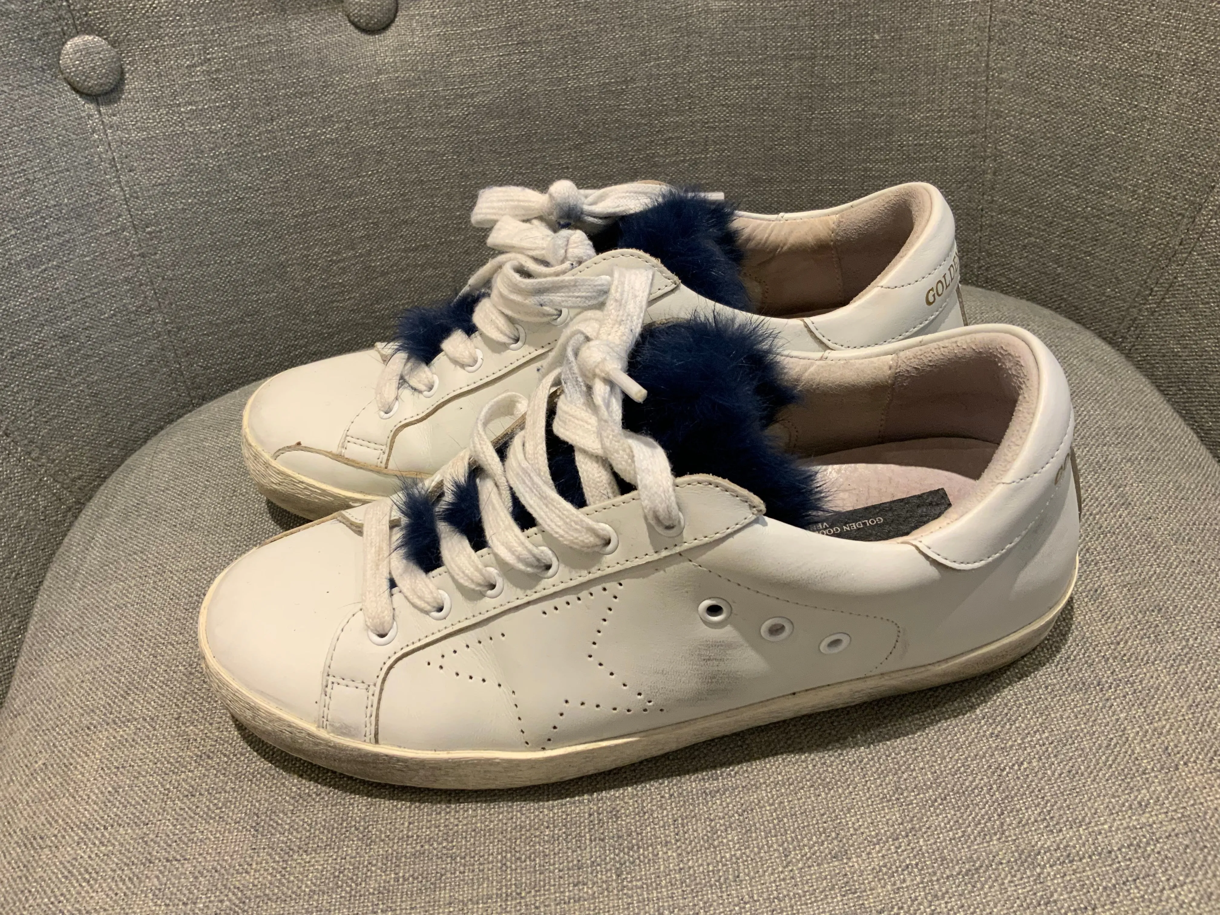 Golden Goose SUPER STAR SNEAKERS BLUE MINK FUR TONGUE trainers 37 UK 4 US 7 ladies