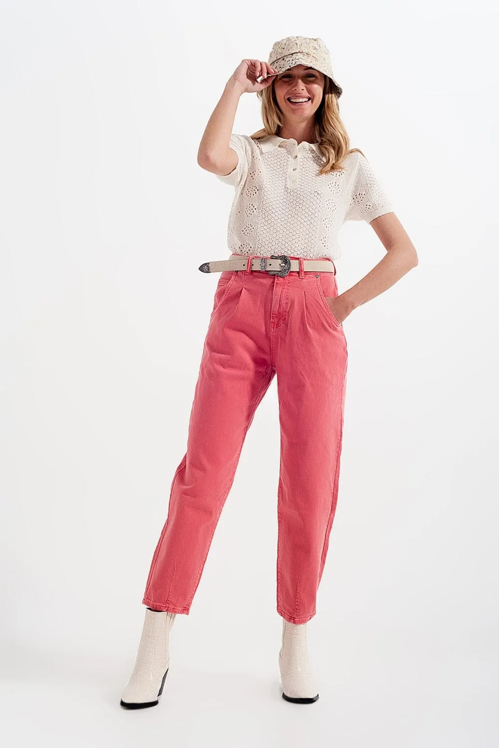 High Rise Mom Jeans With Pleat Front In Pink