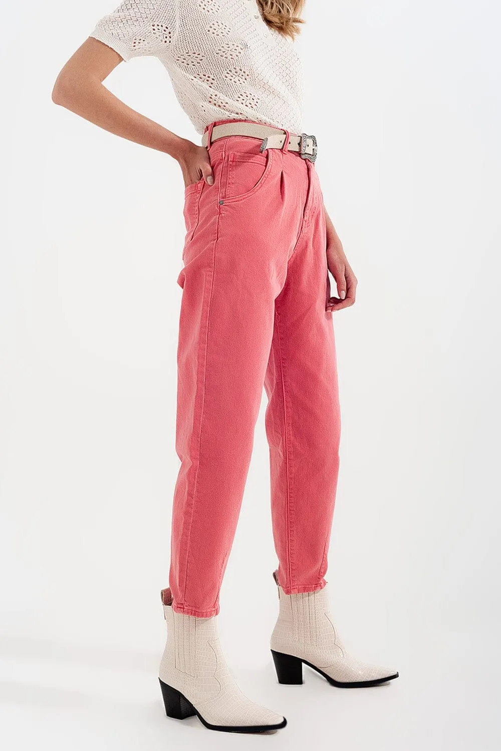 High Rise Mom Jeans With Pleat Front In Pink