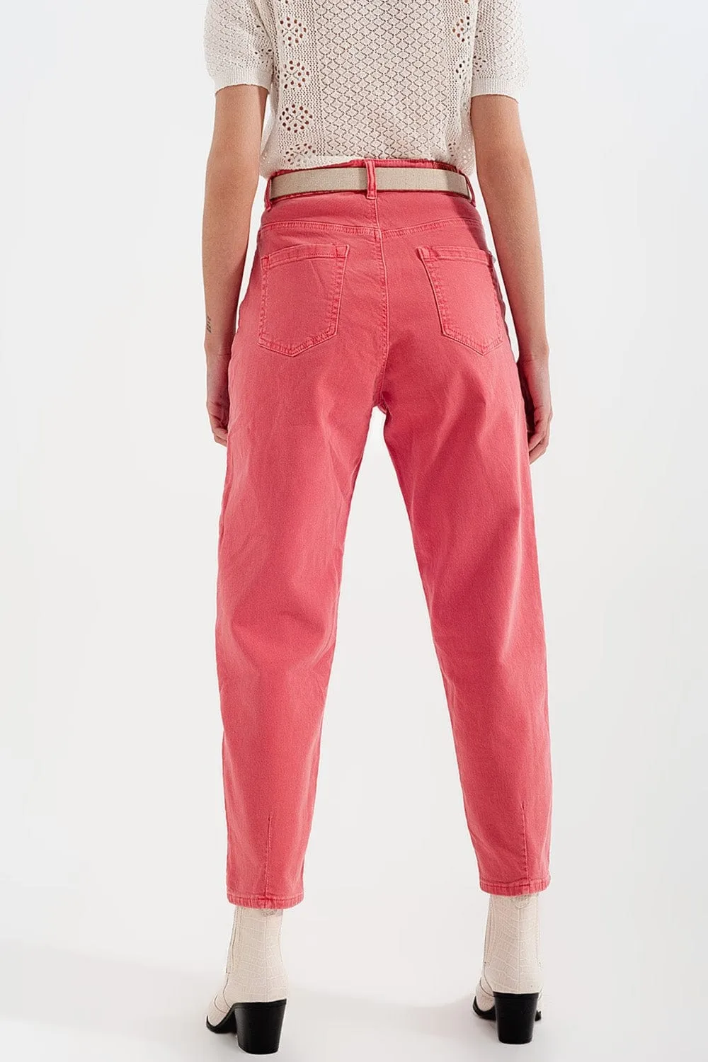 High Rise Mom Jeans With Pleat Front In Pink