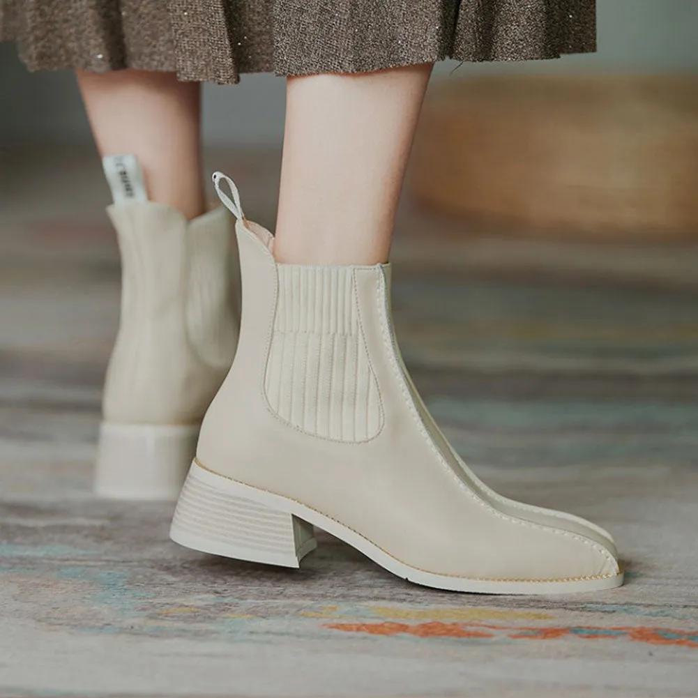 Ladies Square Toe Low Heel Knit Chelsea Boots Pull On