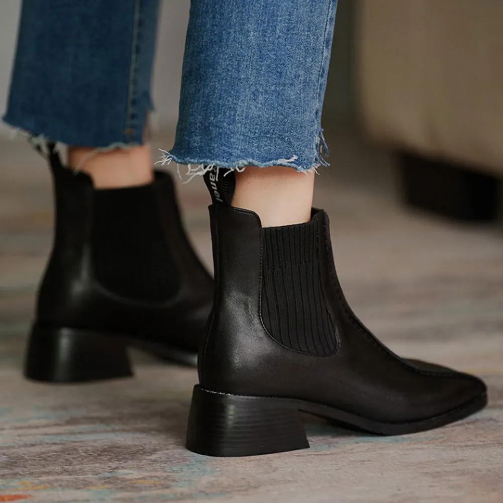 Ladies Square Toe Low Heel Knit Chelsea Boots Pull On
