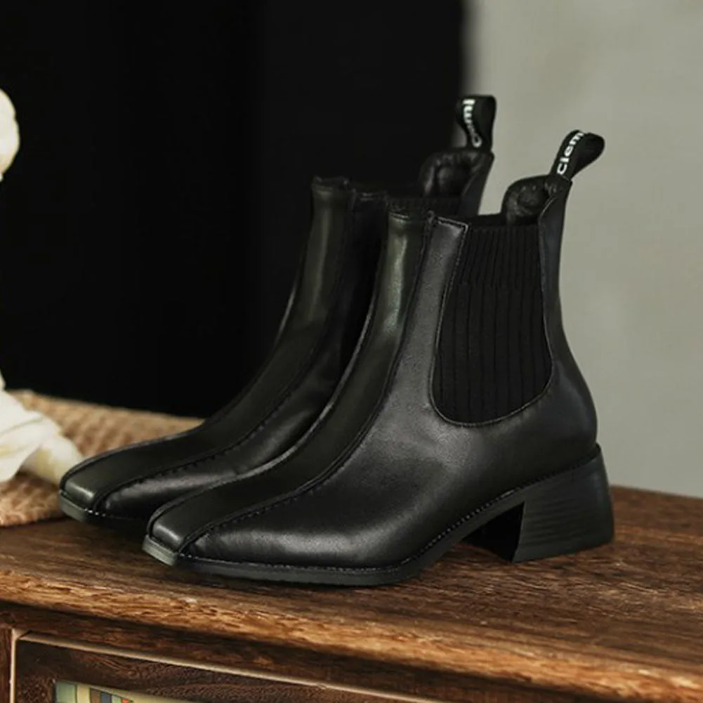 Ladies Square Toe Low Heel Knit Chelsea Boots Pull On