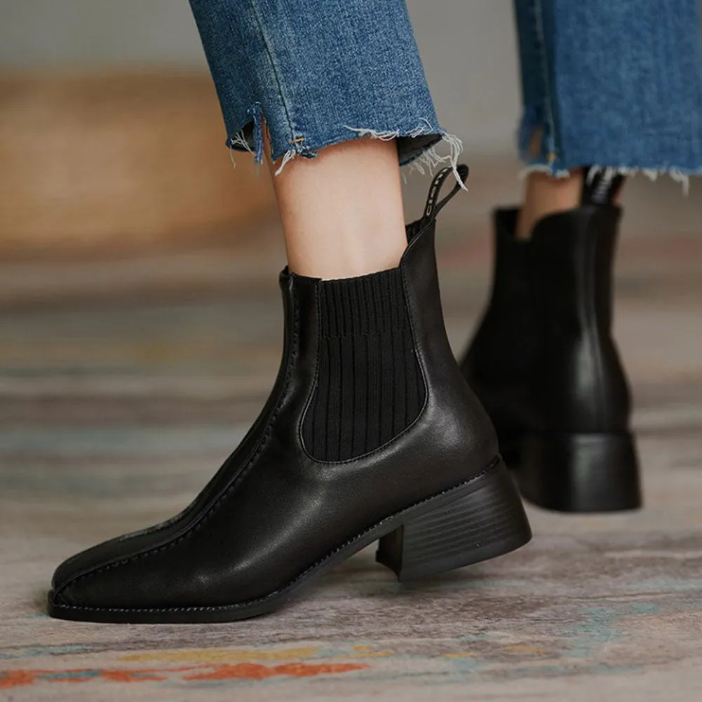 Ladies Square Toe Low Heel Knit Chelsea Boots Pull On