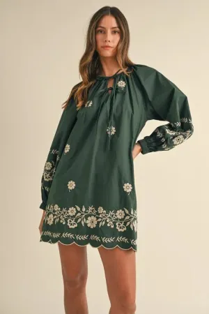 MABLE Embroidered Long Sleeve Peasant Mini Dress