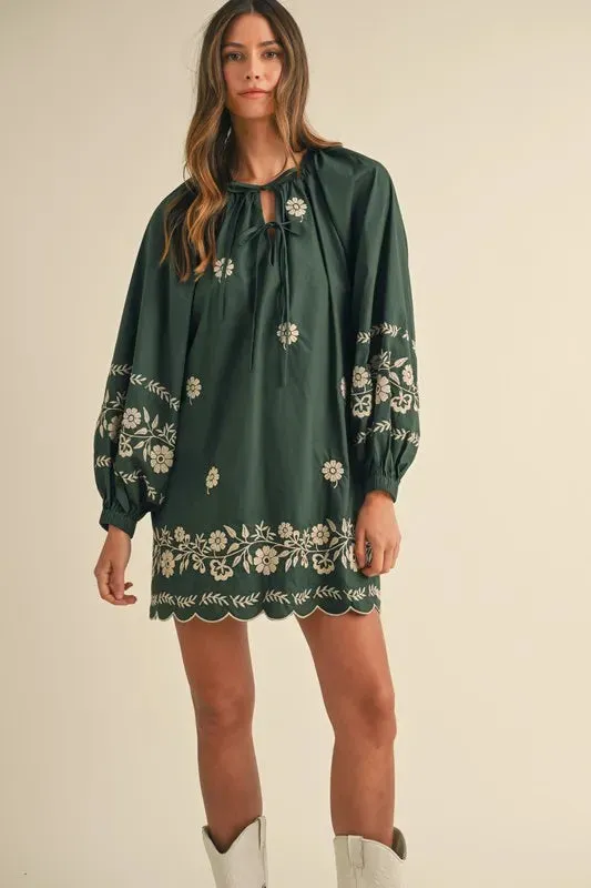 MABLE Embroidered Long Sleeve Peasant Mini Dress