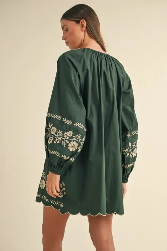 MABLE Embroidered Long Sleeve Peasant Mini Dress