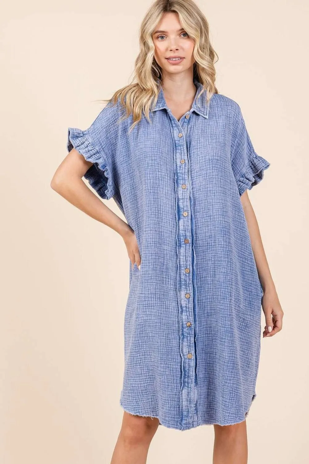 Mittoshop Blue Mineral Washed Cotton Gauze Mini Shirt Dress
