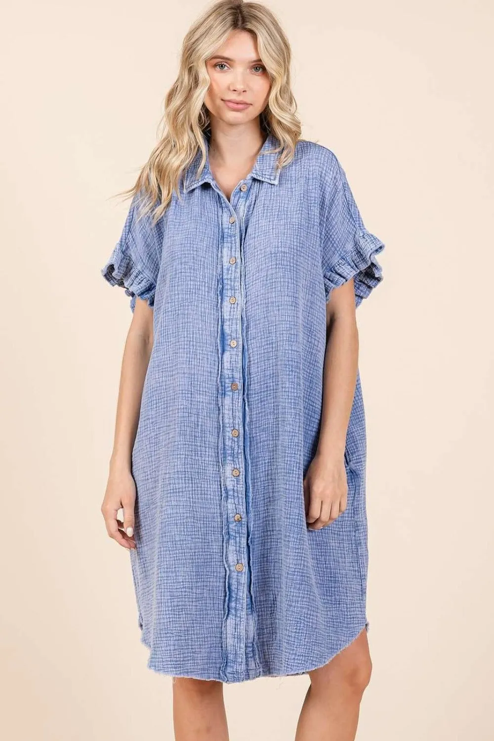 Mittoshop Blue Mineral Washed Cotton Gauze Mini Shirt Dress