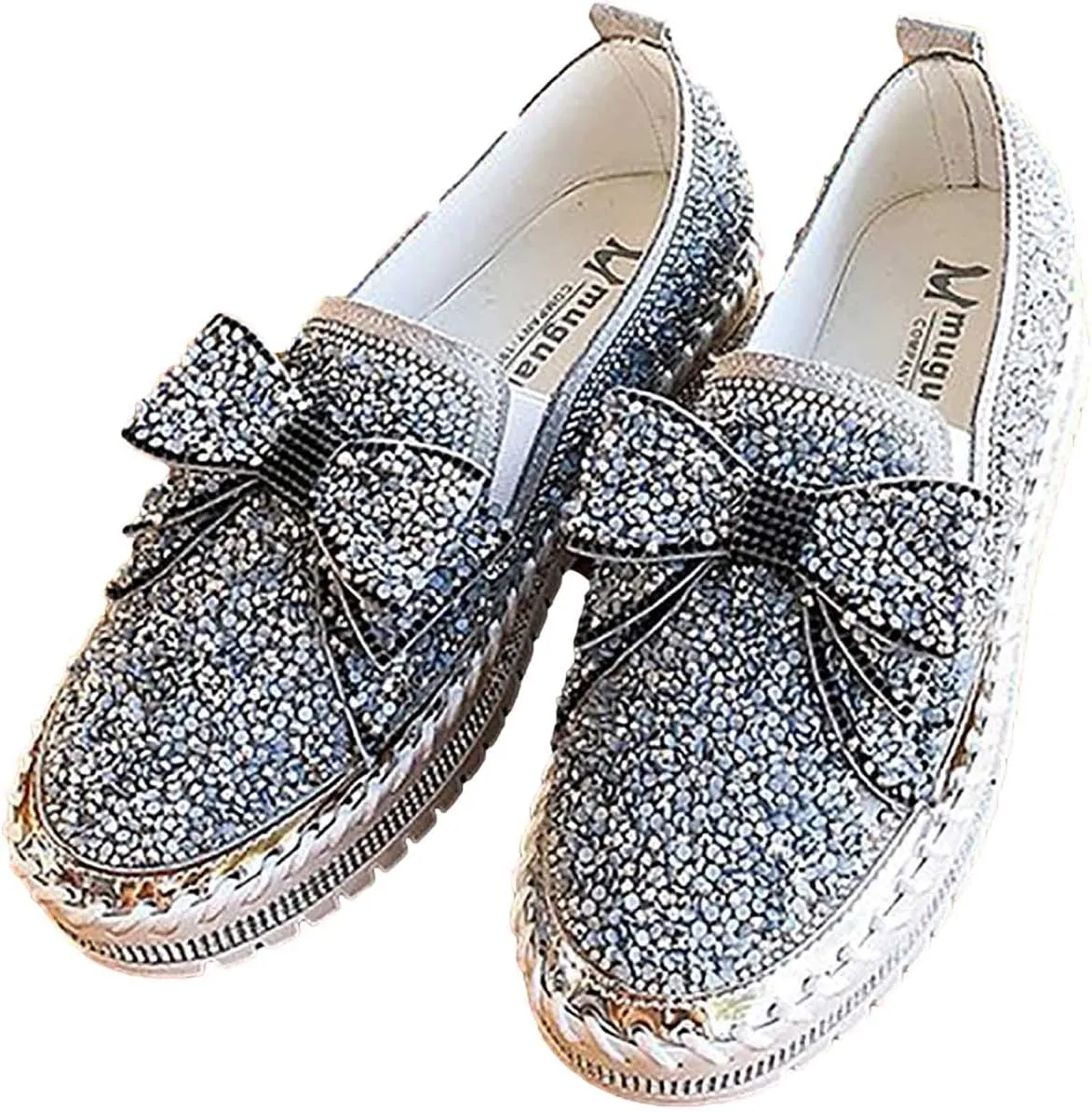 oiangi Womens Bow Sequined Platform Shoes,Fashion Round Toe Closed Toe Slip-on Comfy Sneaker Casual Flat Loafers