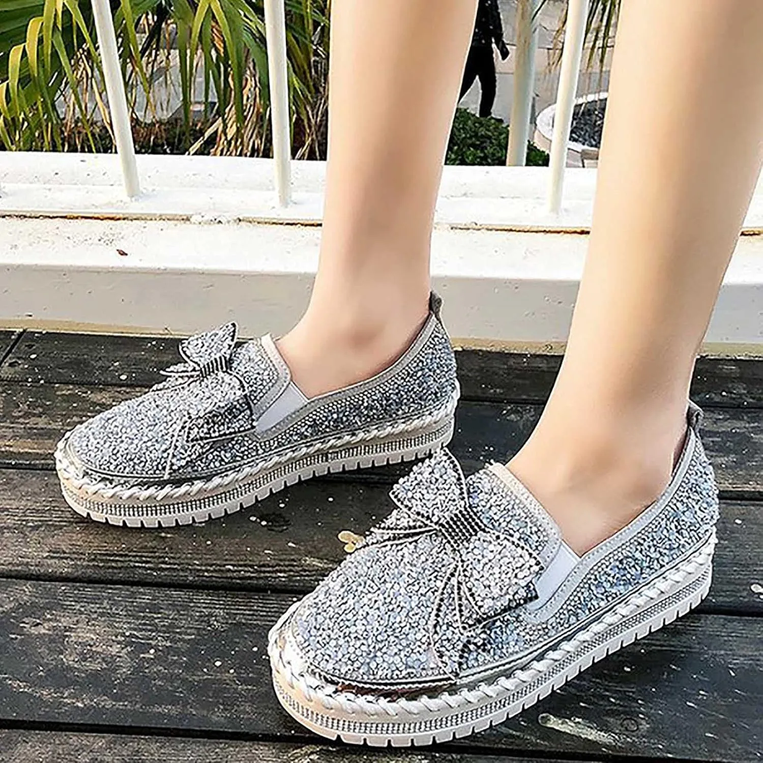 oiangi Womens Bow Sequined Platform Shoes,Fashion Round Toe Closed Toe Slip-on Comfy Sneaker Casual Flat Loafers