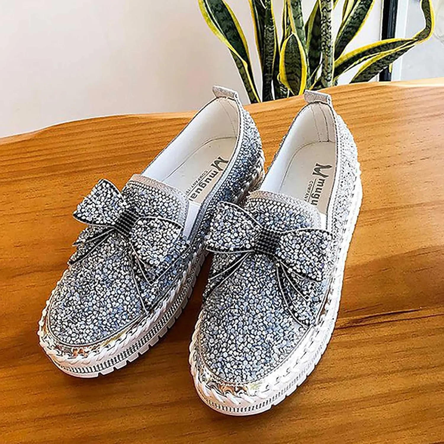 oiangi Womens Bow Sequined Platform Shoes,Fashion Round Toe Closed Toe Slip-on Comfy Sneaker Casual Flat Loafers