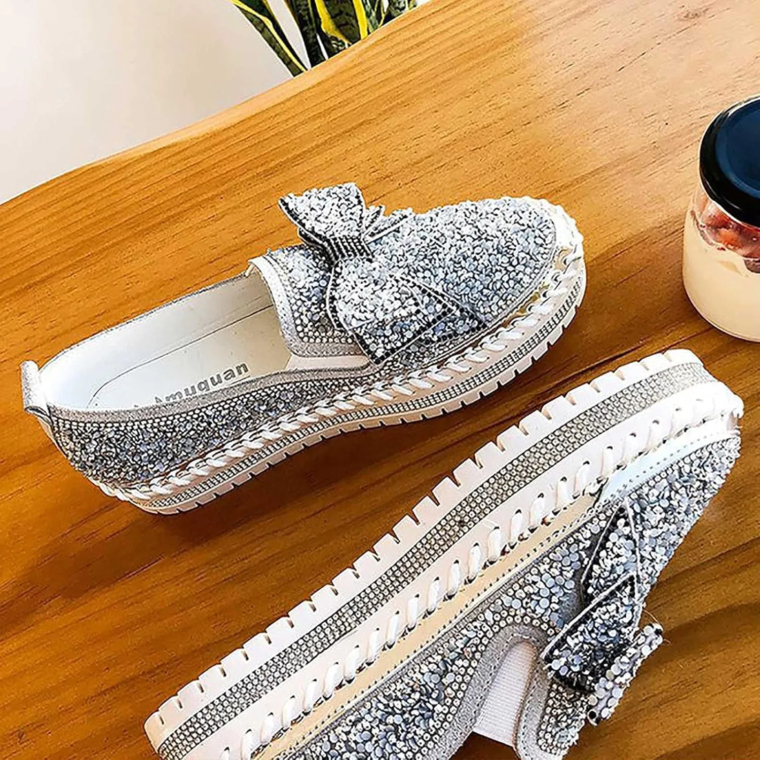 oiangi Womens Bow Sequined Platform Shoes,Fashion Round Toe Closed Toe Slip-on Comfy Sneaker Casual Flat Loafers