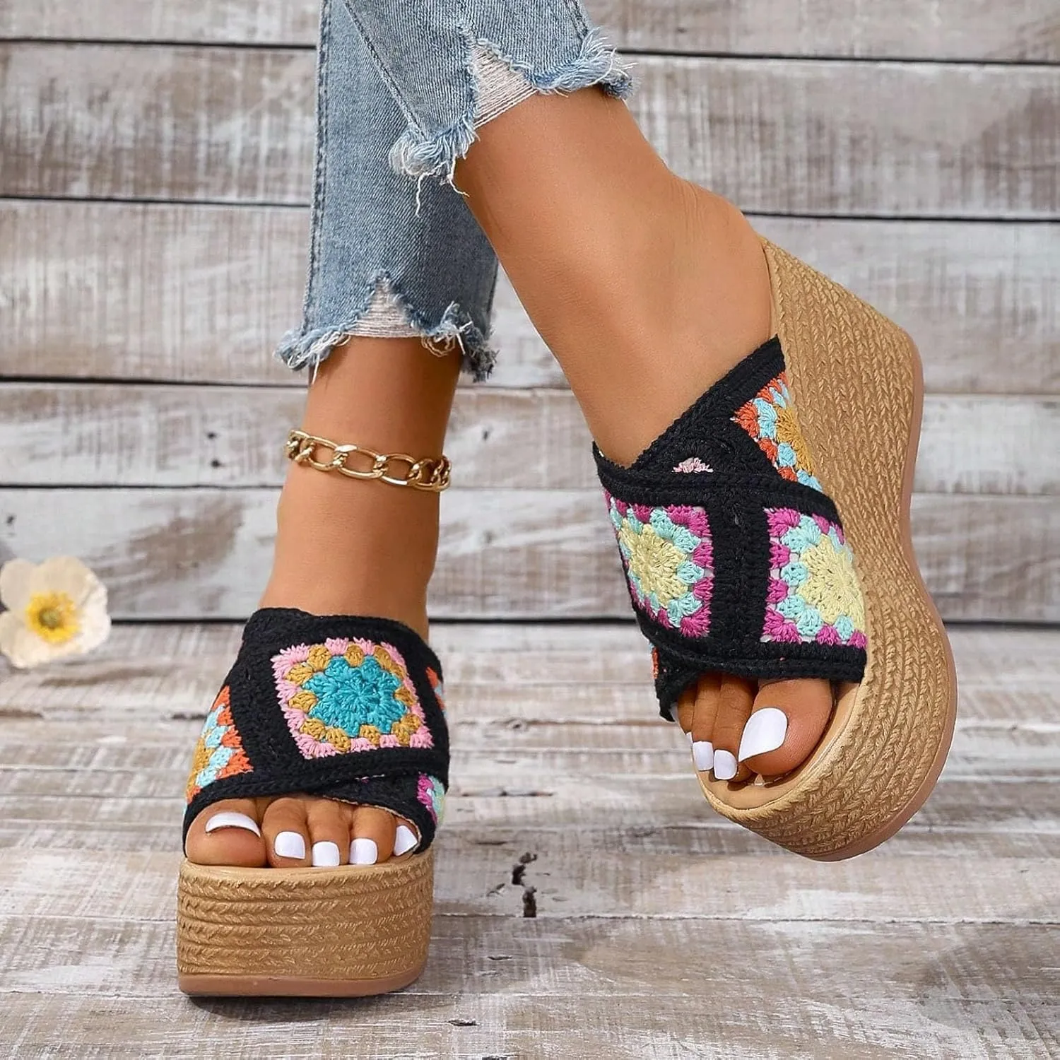 Orthopedic Platform Wedge Sandals for Women Summer Dressy Espadrille 2025 Open Toe Summer Floral Crochet Woven Non Slip Fashionable Sandals Bohemian Beach Walking Shoes