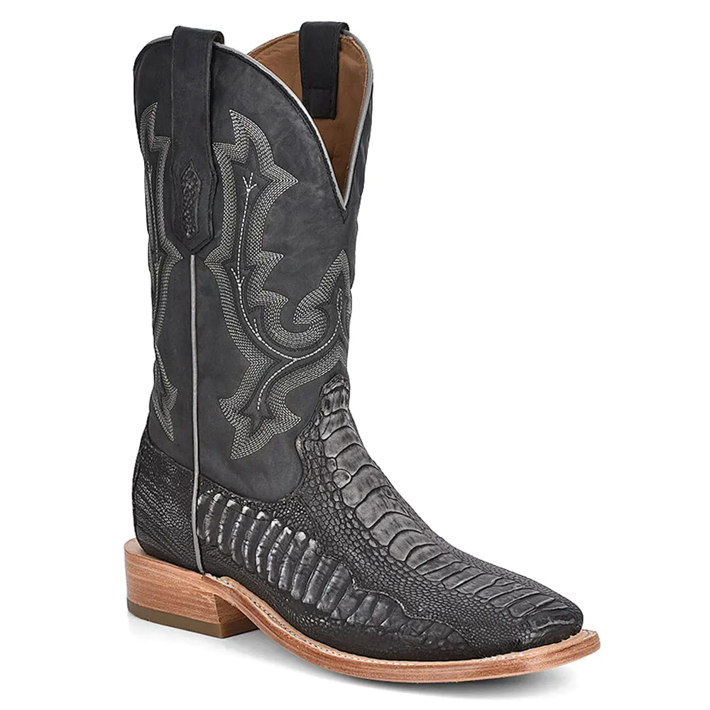 Ostrich Leg Embroidered Wide Square Toe Cowboy Boots