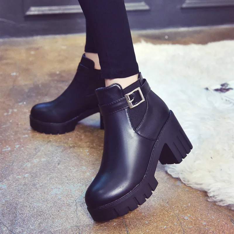 Platform Round Toe Hasp Middle Chunky Heel Short British Boots