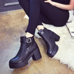 Platform Round Toe Hasp Middle Chunky Heel Short British Boots