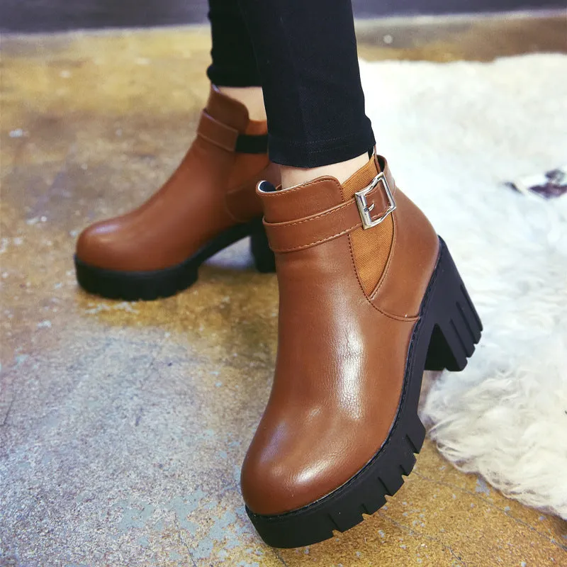 Platform Round Toe Hasp Middle Chunky Heel Short British Boots