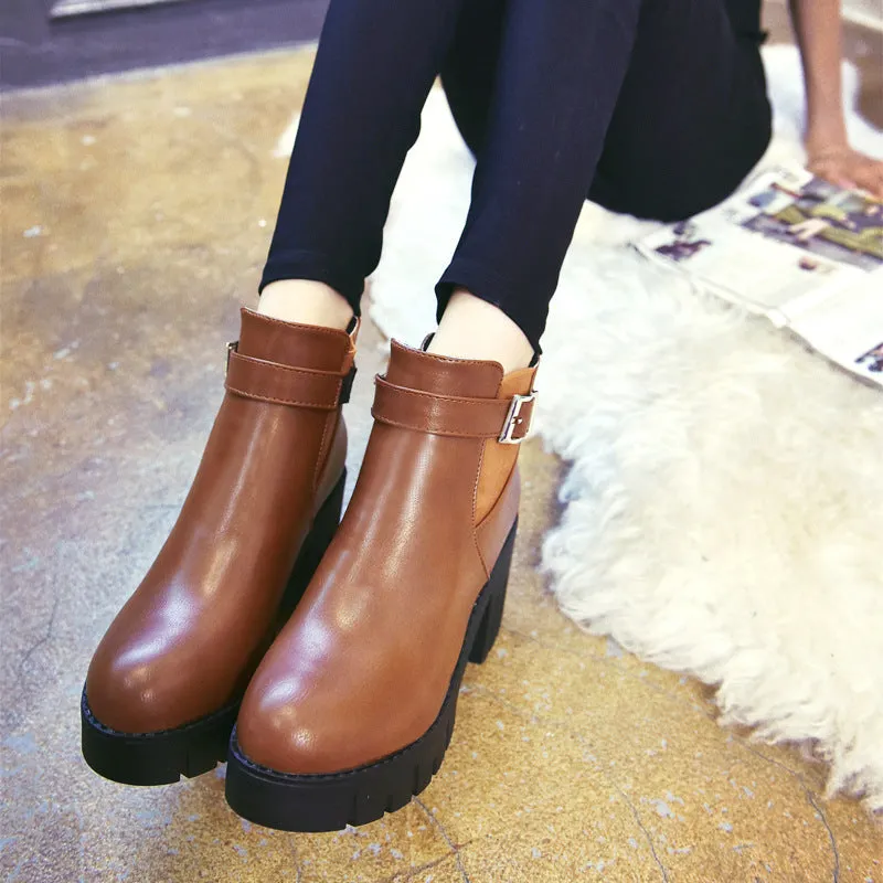 Platform Round Toe Hasp Middle Chunky Heel Short British Boots