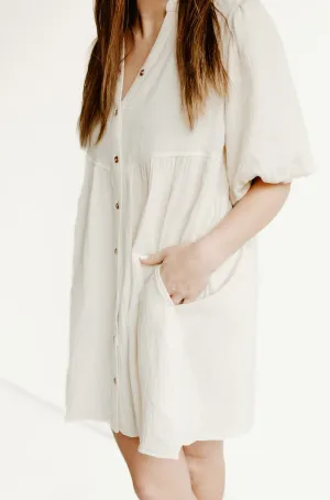 Puffed Sleeved Light Linen Dress