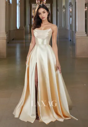 Scoop-Neck Off-Shoulder Sleeveless A-Line Prom Dress Beaded Pleated Satin Slit Evening Dress