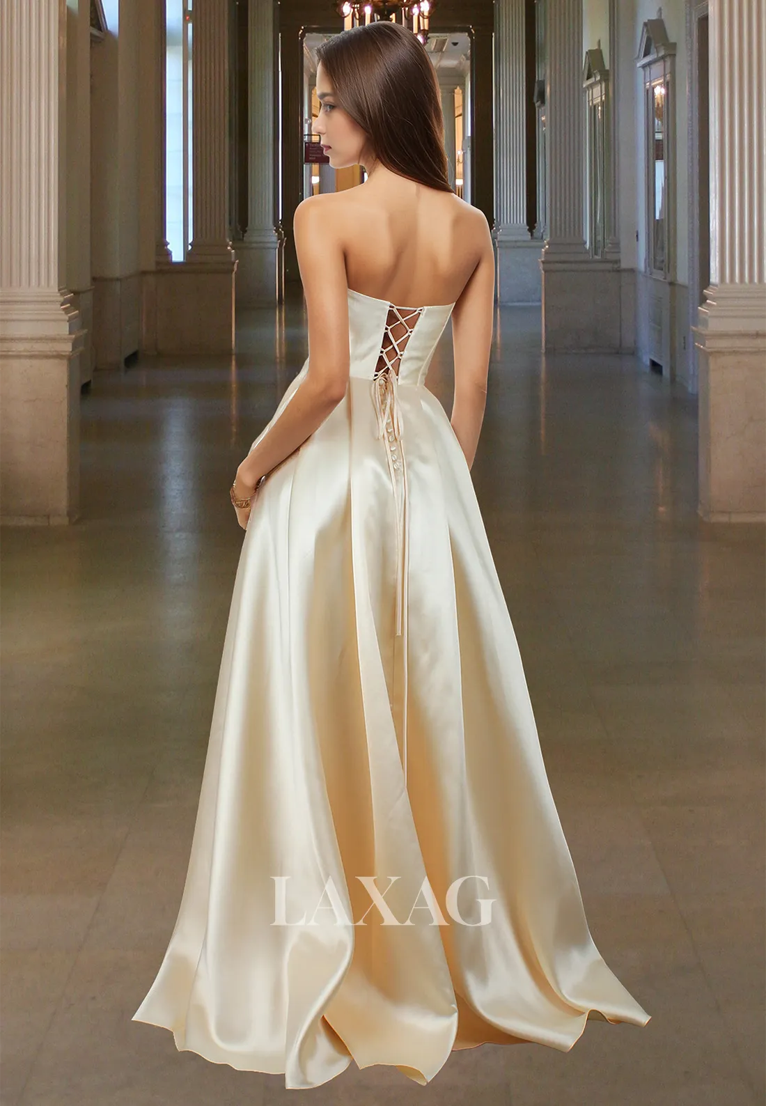 Scoop-Neck Off-Shoulder Sleeveless A-Line Prom Dress Beaded Pleated Satin Slit Evening Dress