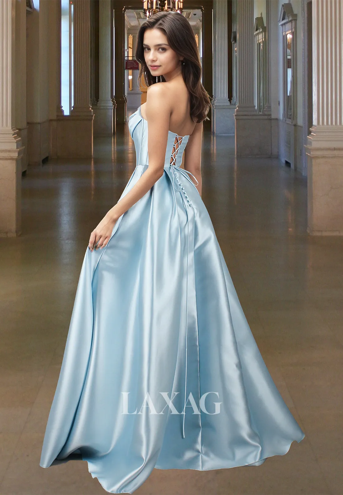Scoop-Neck Off-Shoulder Sleeveless A-Line Prom Dress Beaded Pleated Satin Slit Evening Dress