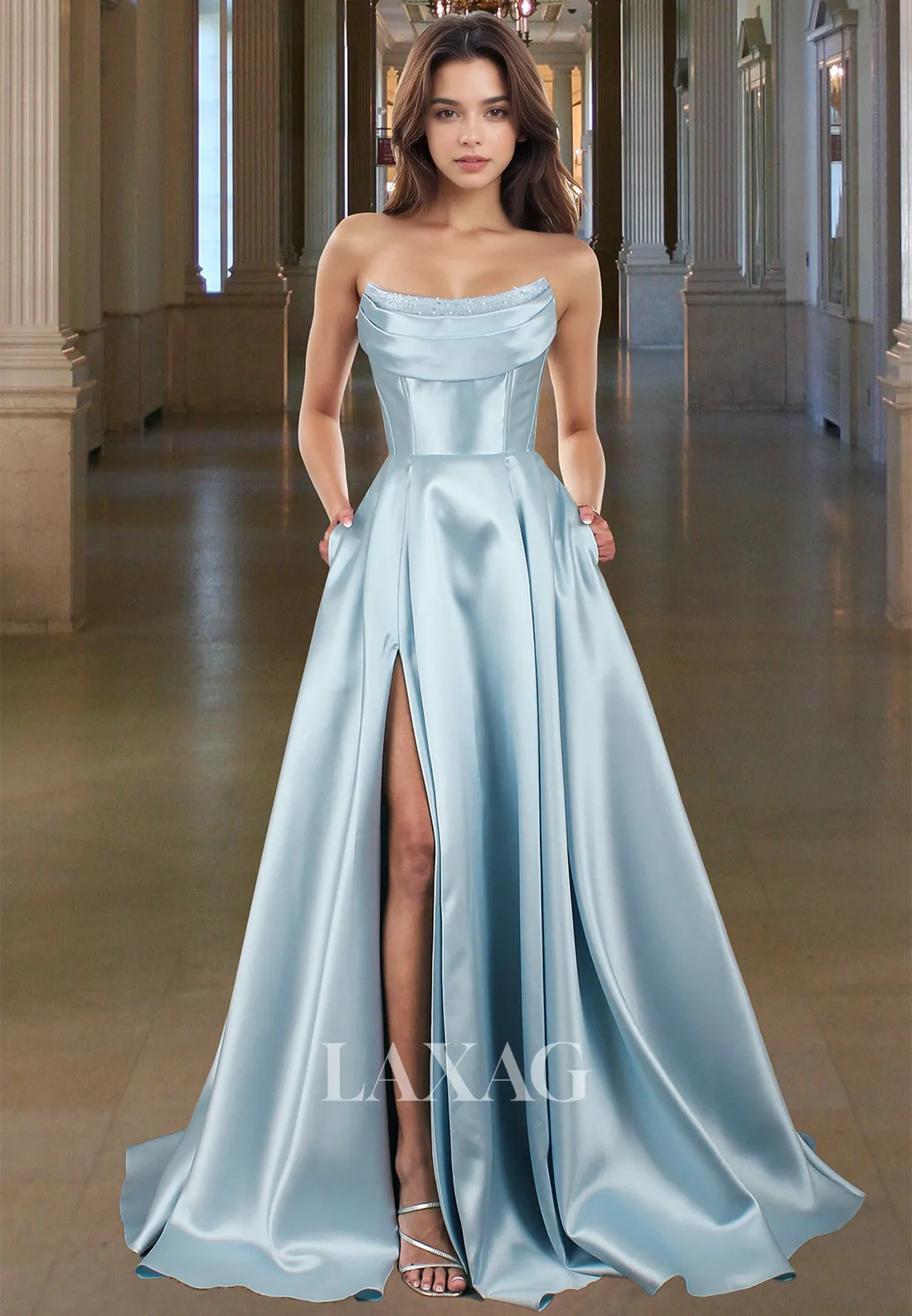 Scoop-Neck Off-Shoulder Sleeveless A-Line Prom Dress Beaded Pleated Satin Slit Evening Dress
