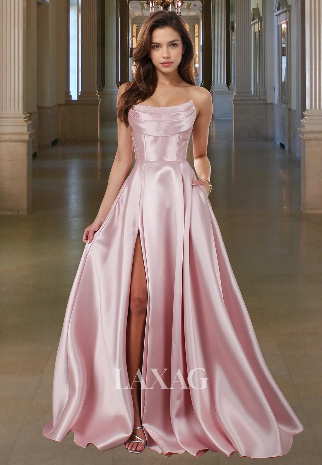 Scoop-Neck Off-Shoulder Sleeveless A-Line Prom Dress Beaded Pleated Satin Slit Evening Dress