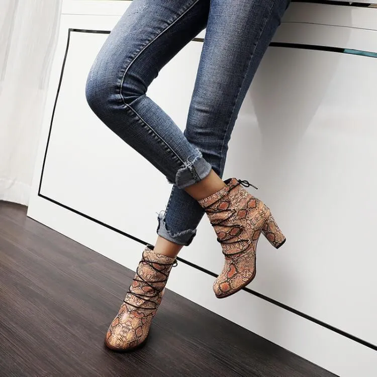 Snakeskin Lace Up Round Toe Ankle Boots