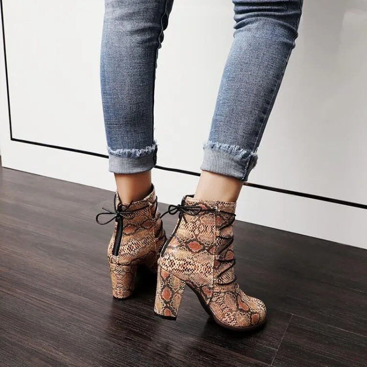 Snakeskin Lace Up Round Toe Ankle Boots