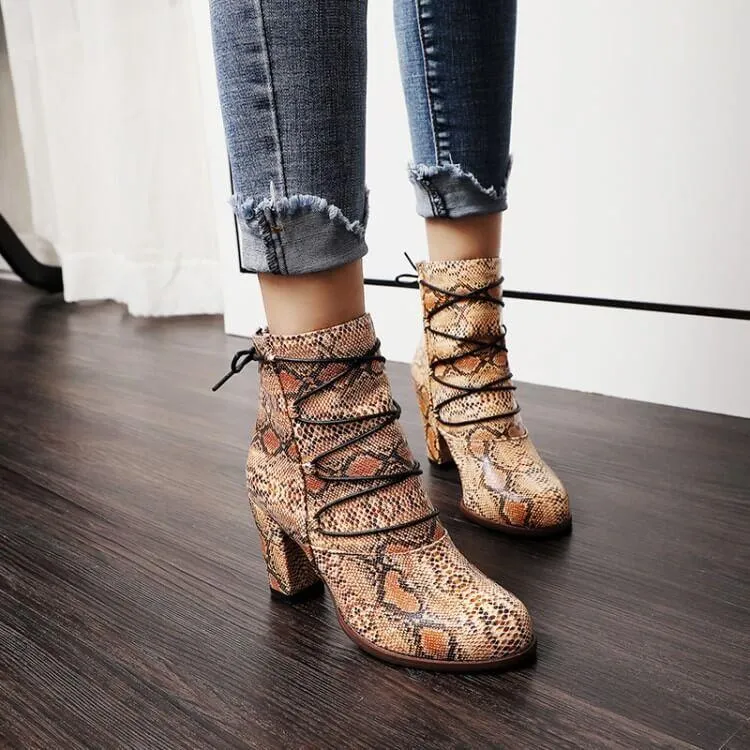 Snakeskin Lace Up Round Toe Ankle Boots