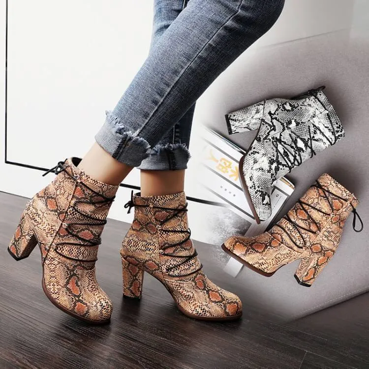 Snakeskin Lace Up Round Toe Ankle Boots