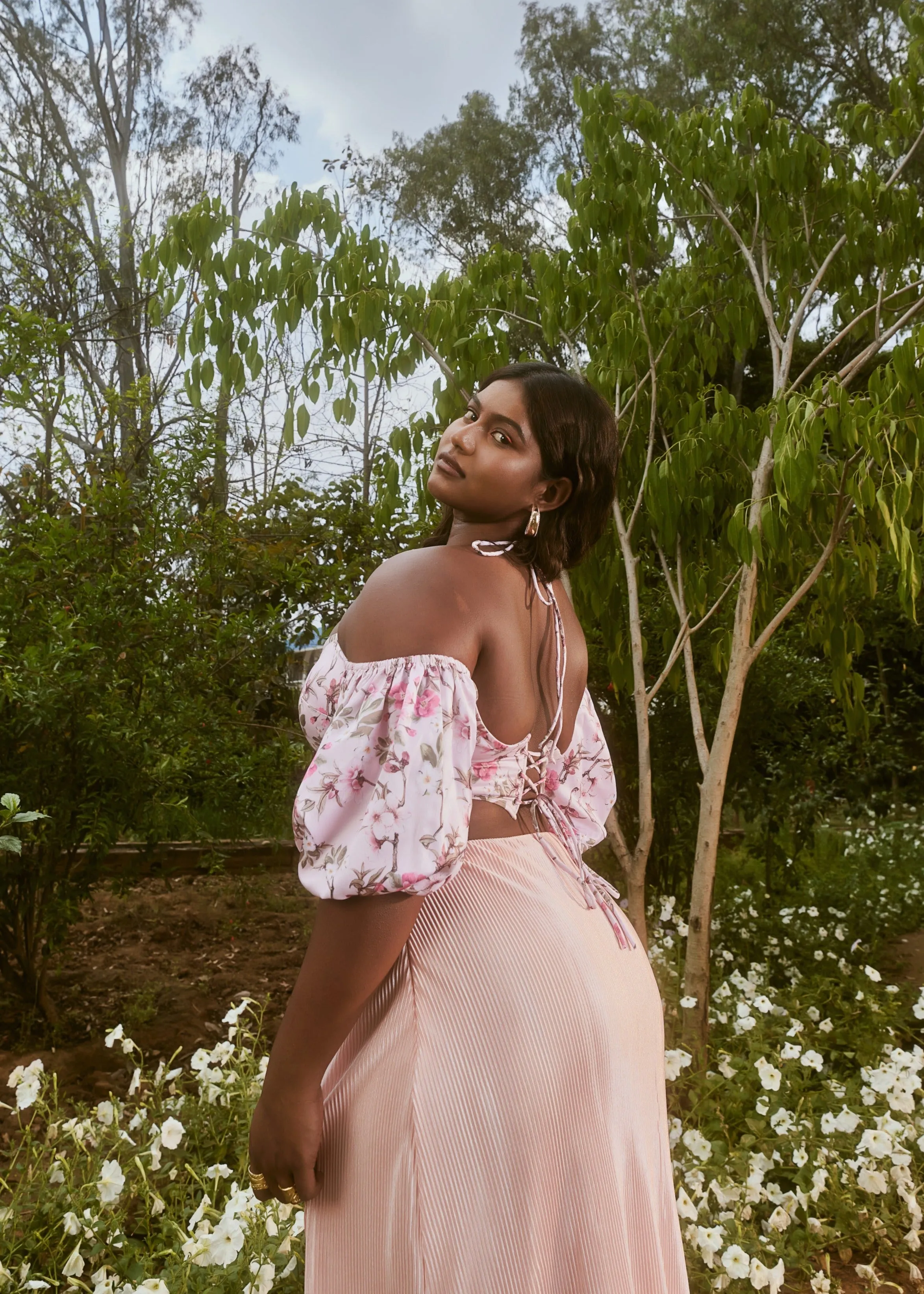 Venetia Peach Floral Top & Pleated Skirt Set