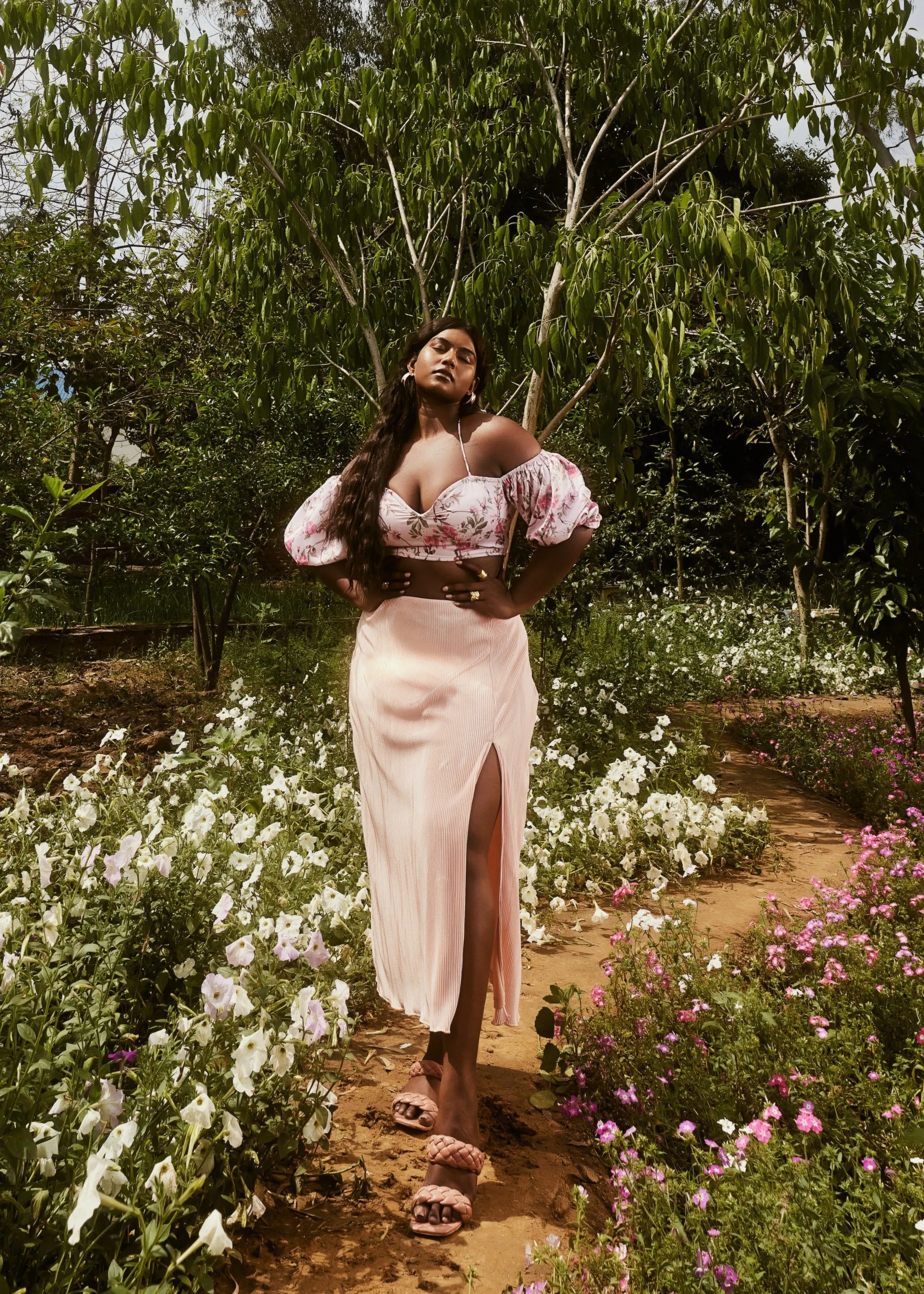 Venetia Peach Floral Top & Pleated Skirt Set